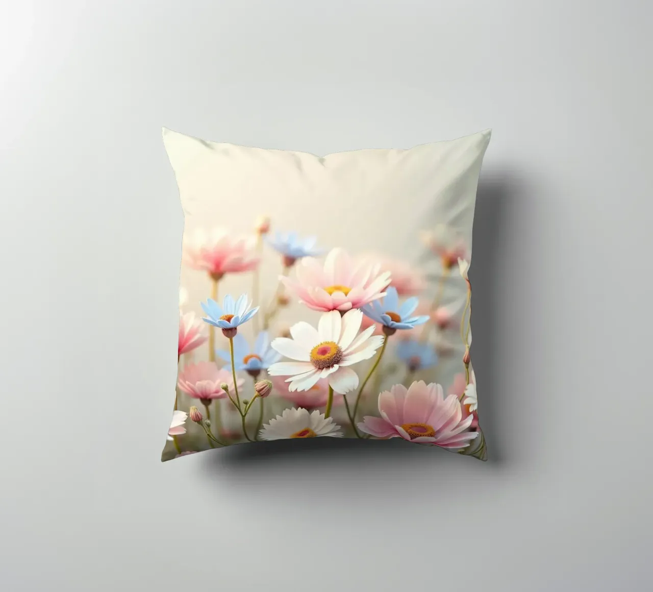 Des fleurs colorées s'épanouissent dans la lumière douce du soleil coussin de DesignDoodle