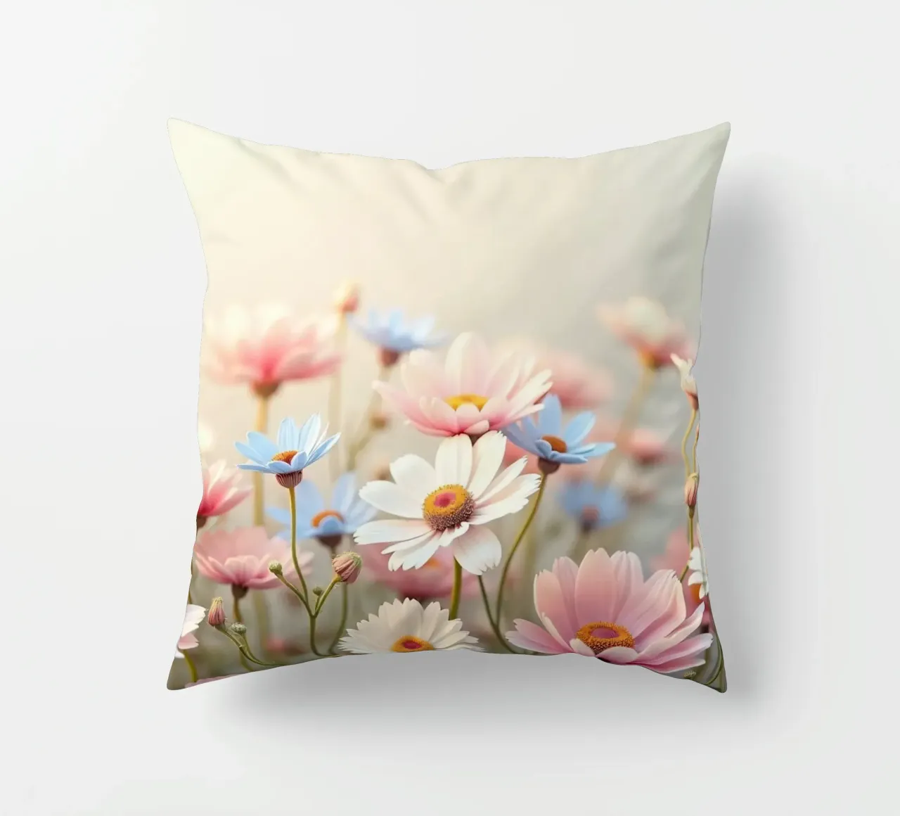 Des fleurs colorées s'épanouissent dans la lumière douce du soleil coussin de DesignDoodle