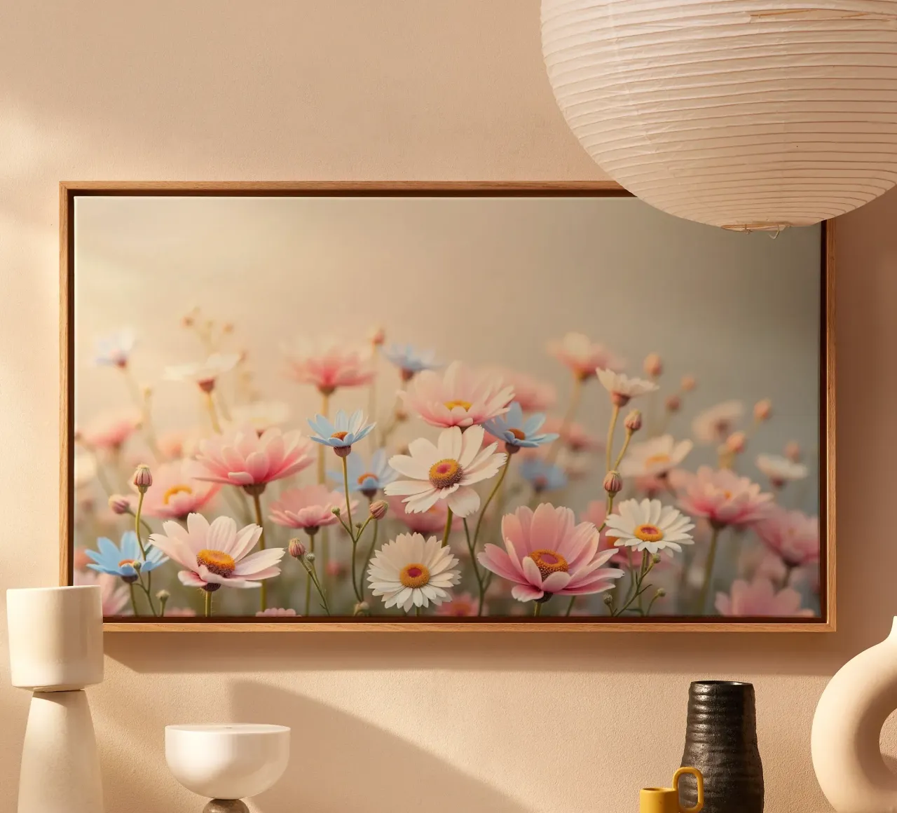 Des fleurs colorées s'épanouissent dans la lumière douce du soleil toile avec Caisse américaine de DesignDoodle