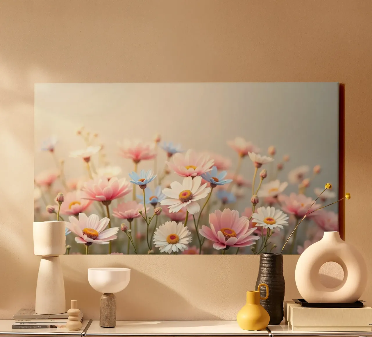 Des fleurs colorées s'épanouissent dans la lumière douce du soleil toile avec Caisse américaine de DesignDoodle