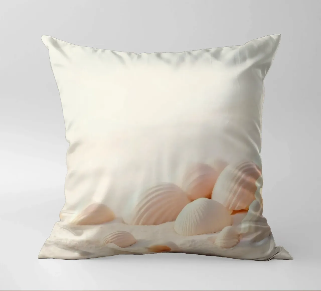 Conchiglie sparse su una spiaggia sabbiosa durante la mattina presto cuscino da DesignDoodle