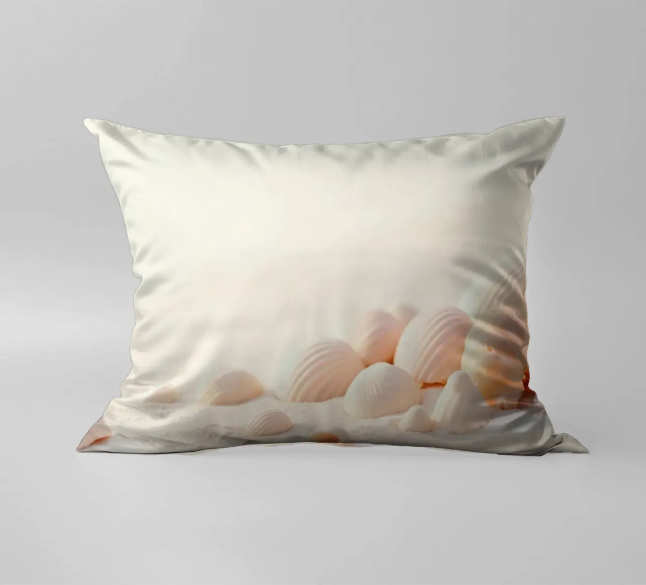 Conchiglie sparse su una spiaggia sabbiosa durante la mattina presto cuscino da DesignDoodle