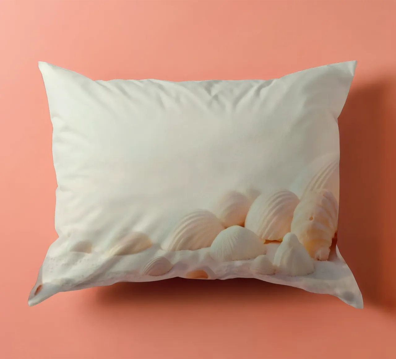 Conchiglie sparse su una spiaggia sabbiosa durante la mattina presto cuscino da DesignDoodle