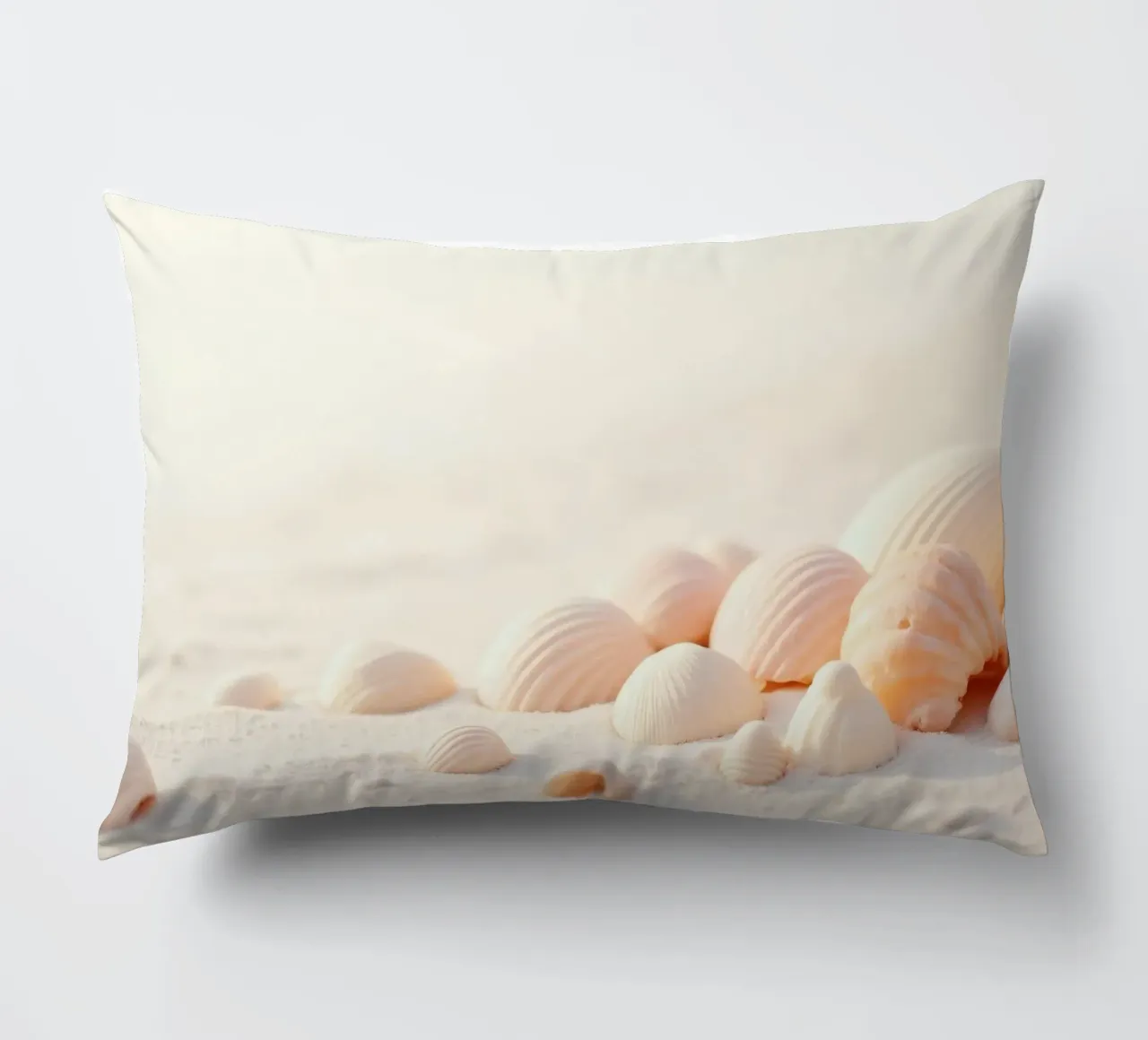 Conchiglie sparse su una spiaggia sabbiosa durante la mattina presto cuscino da DesignDoodle