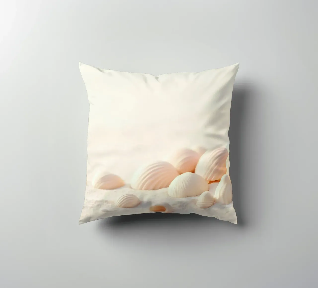 Conchiglie sparse su una spiaggia sabbiosa durante la mattina presto cuscino da DesignDoodle