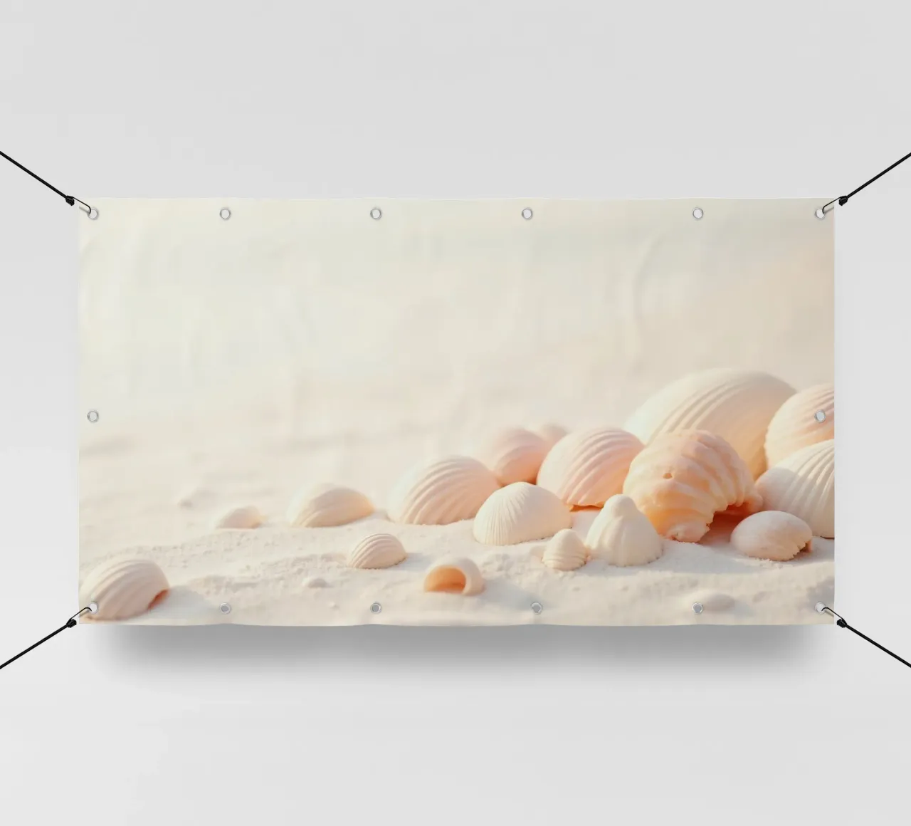 Conchiglie sparse su una spiaggia sabbiosa durante la mattina presto telo in pvc da DesignDoodle