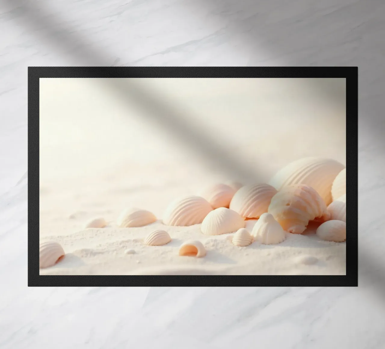 Conchiglie sparse su una spiaggia sabbiosa durante la mattina presto zerbino da DesignDoodle