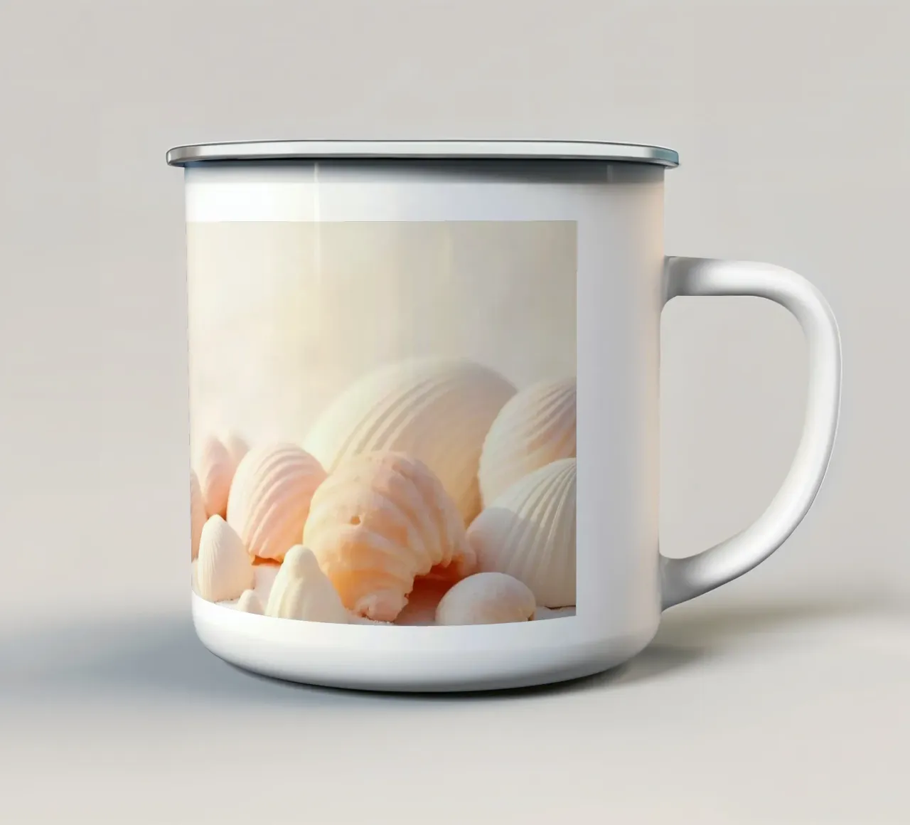 Conchiglie sparse su una spiaggia sabbiosa durante la mattina presto tazza in smalto da DesignDoodle