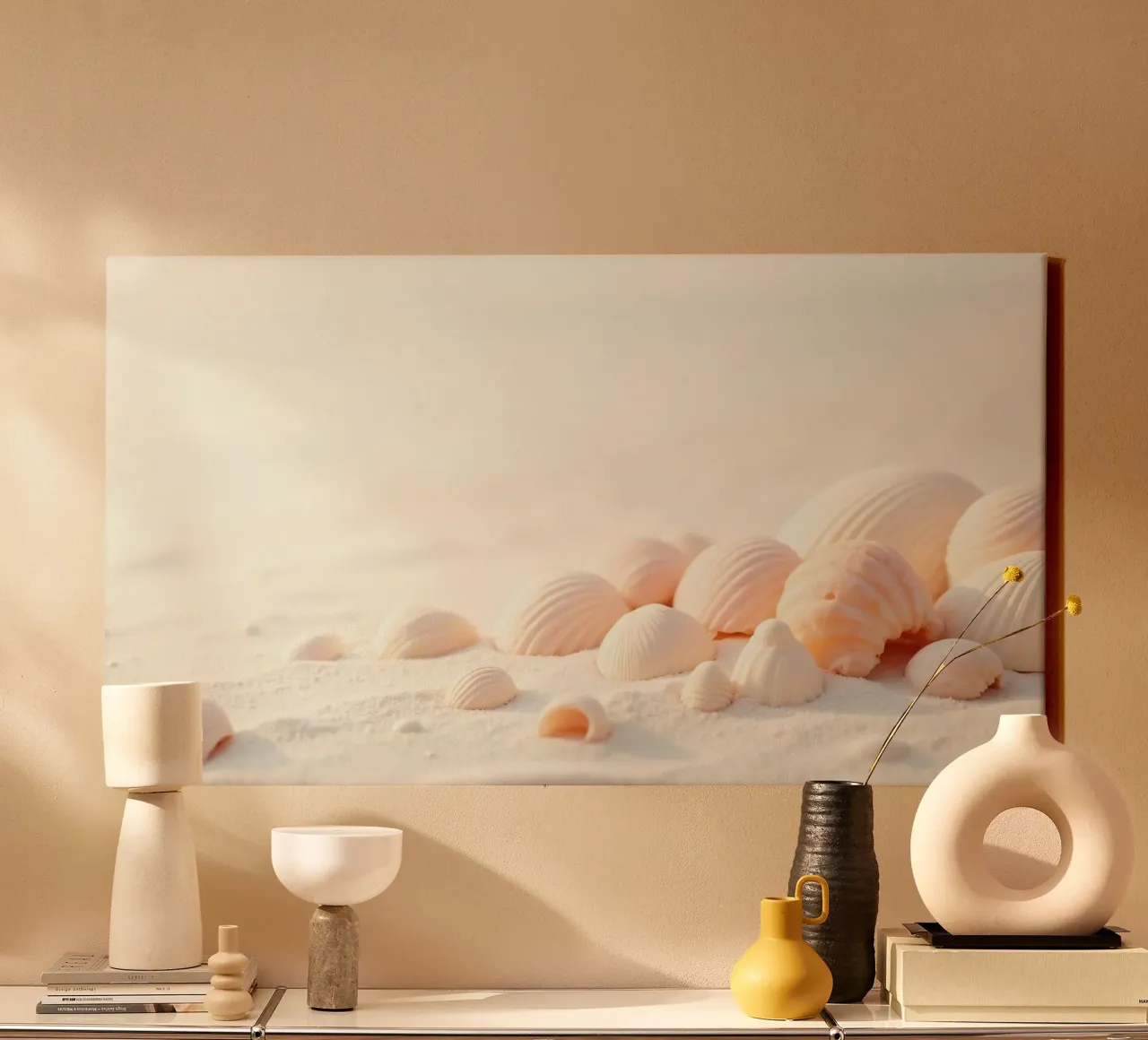 Conchiglie sparse su una spiaggia sabbiosa durante la mattina presto tela da DesignDoodle