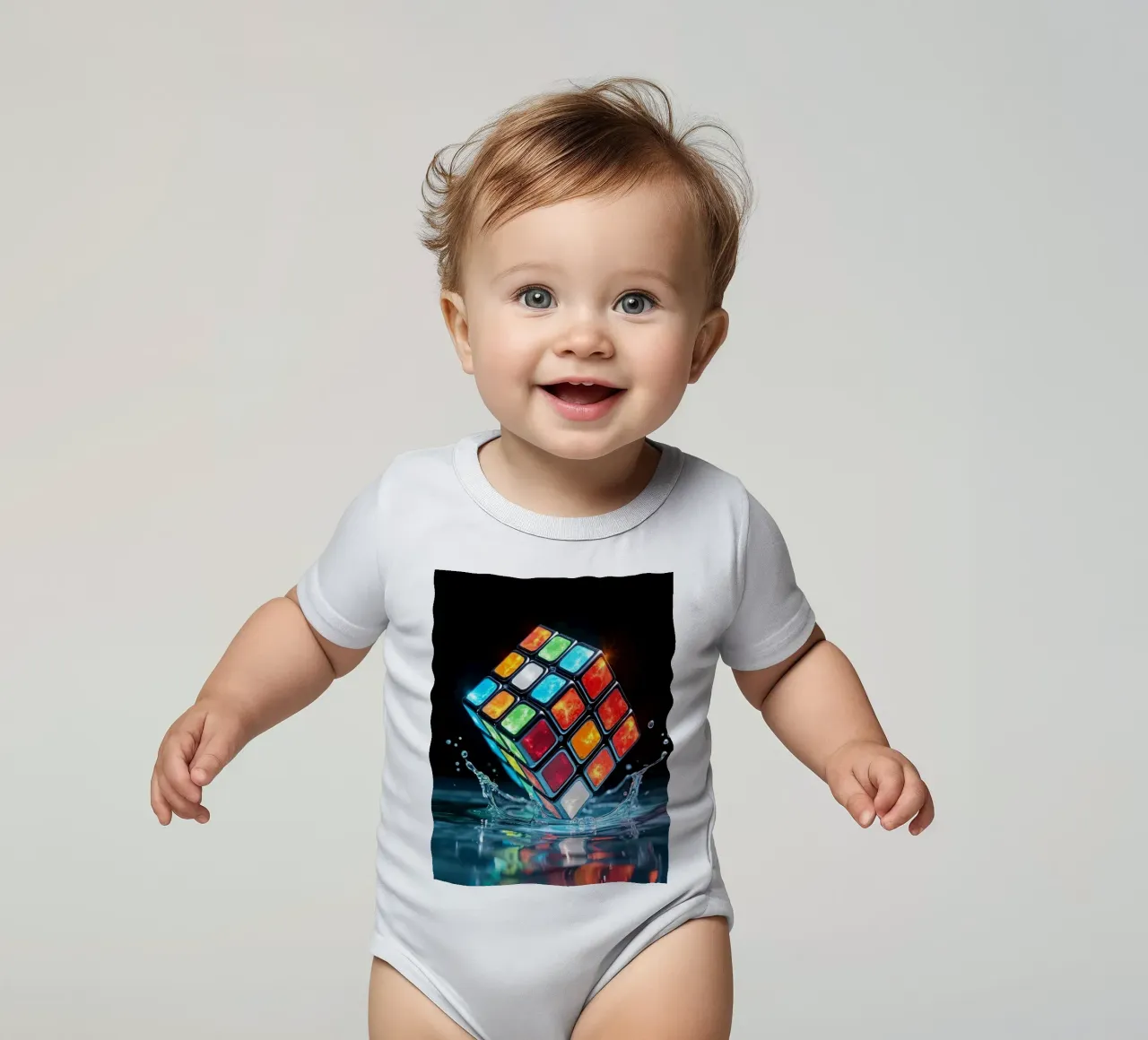 Rubik's cube coloré éclaboussant l'eau de reflets vibrants body bébé de DesignDoodle