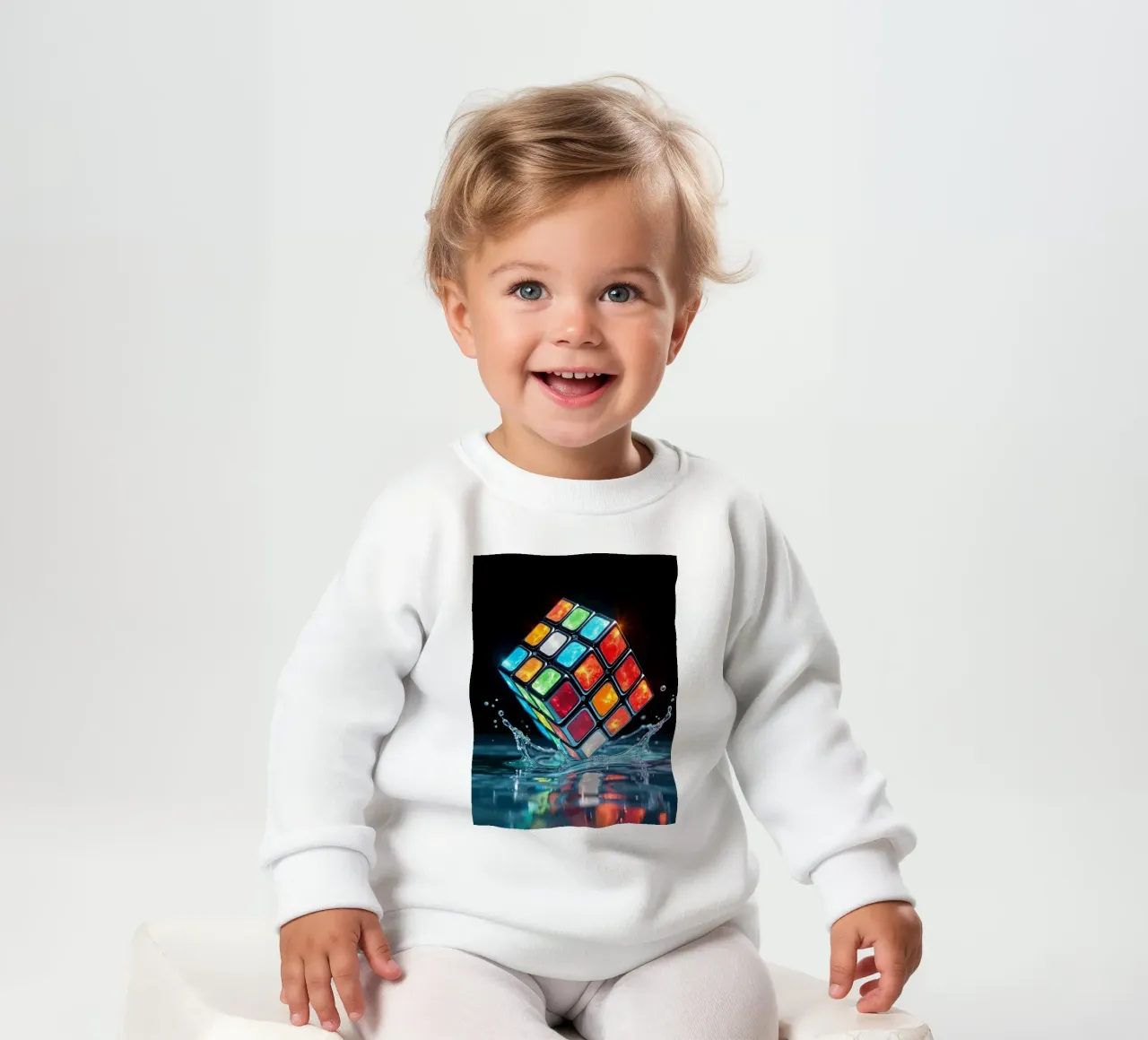 Cubo di Rubik colorato che schizza nell'acqua con riflessi vibranti felpa neonato da DesignDoodle