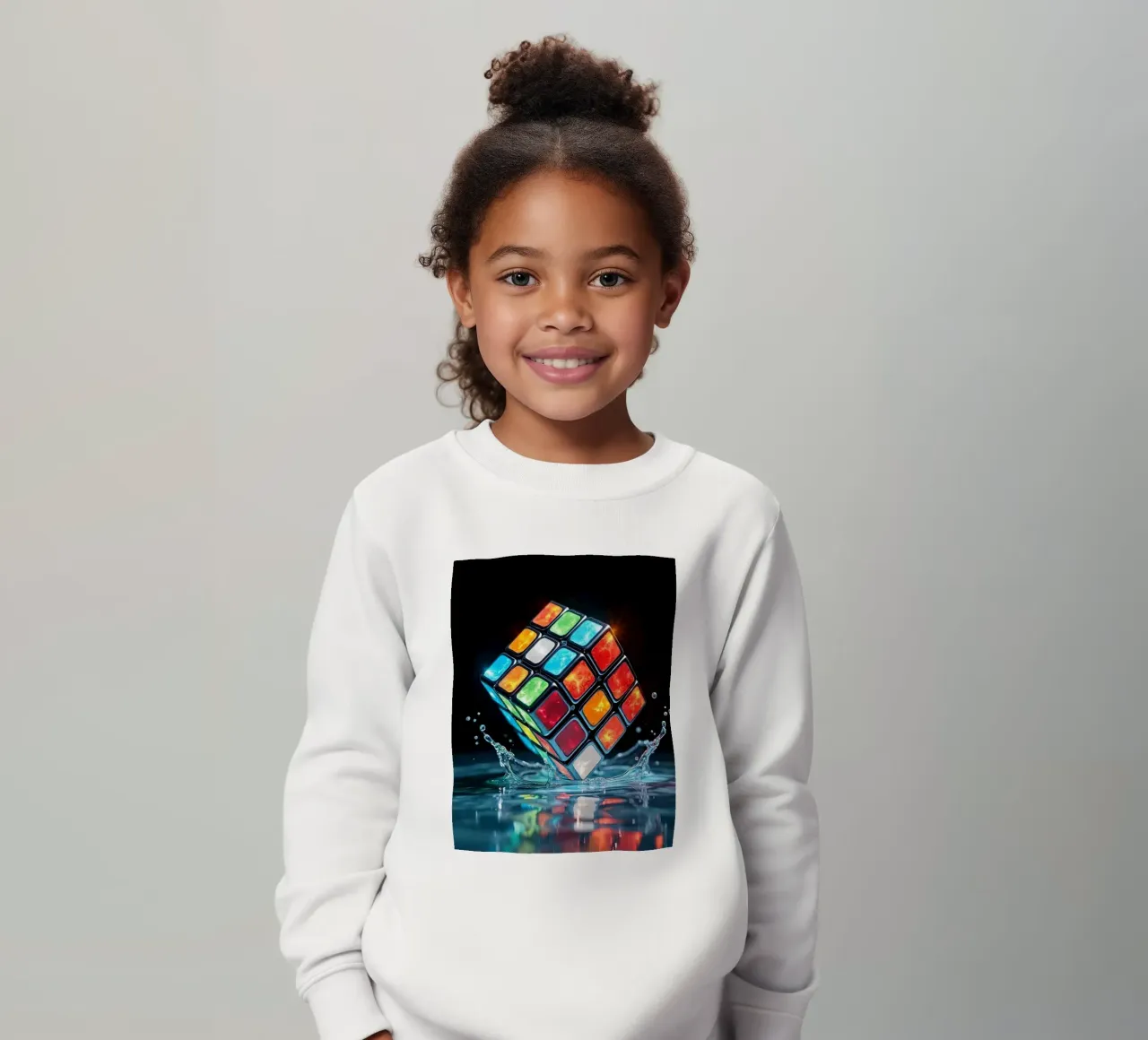 Cubo di Rubik colorato che schizza nell'acqua con riflessi vibranti felpa bambino da DesignDoodle