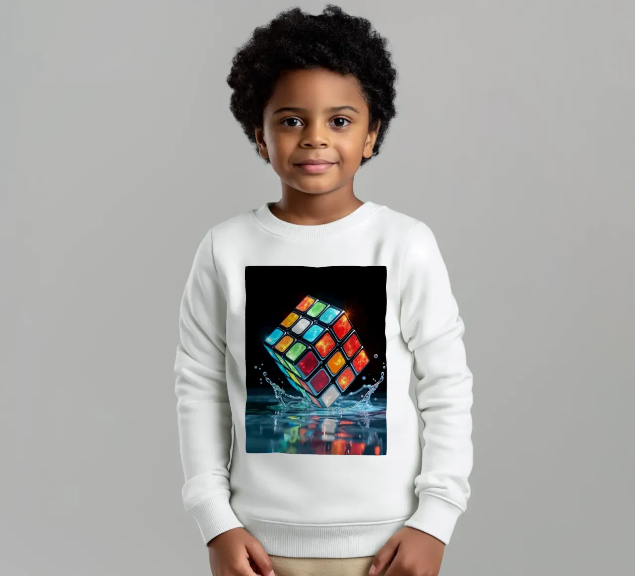 Cubo di Rubik colorato che schizza nell'acqua con riflessi vibranti felpa bambino da DesignDoodle