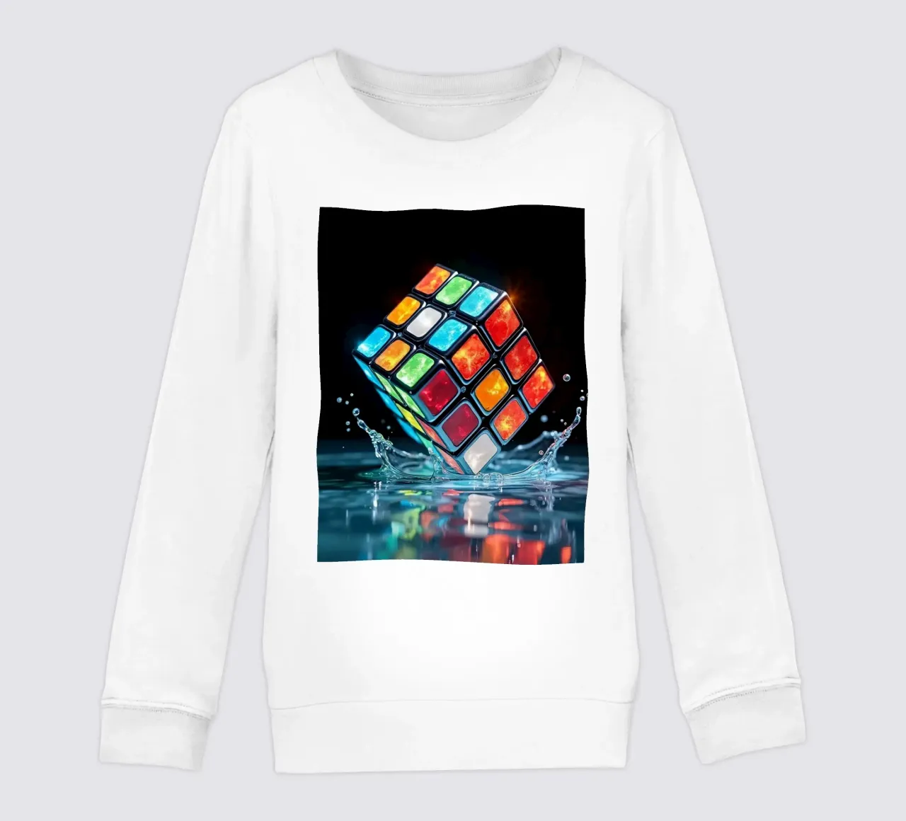 Cubo di Rubik colorato che schizza nell'acqua con riflessi vibranti felpa bambino da DesignDoodle