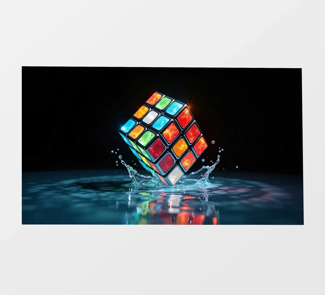 Cubo di Rubik colorato che schizza nell'acqua con riflessi vibranti pellicola backlit da DesignDoodle