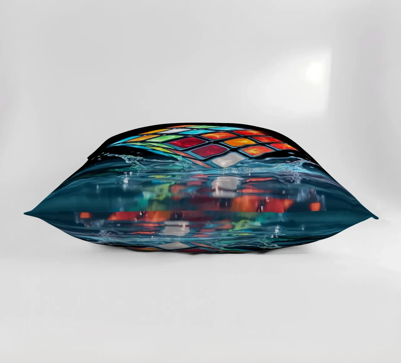 Cubo di Rubik colorato che schizza nell'acqua con riflessi vibranti cuscino da DesignDoodle