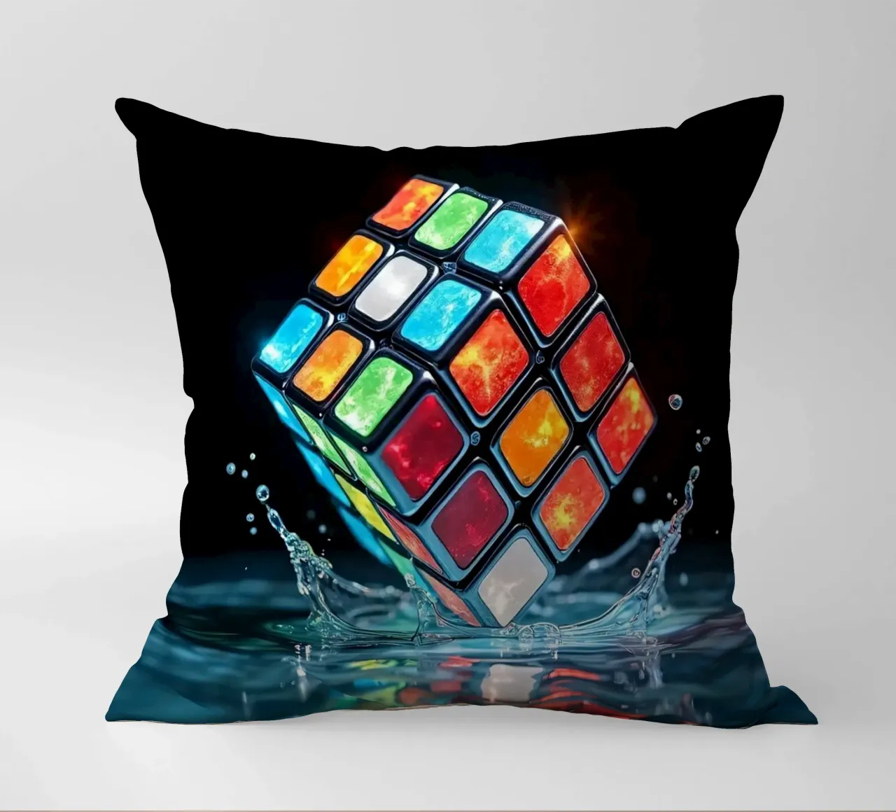 Cubo di Rubik colorato che schizza nell'acqua con riflessi vibranti cuscino da DesignDoodle