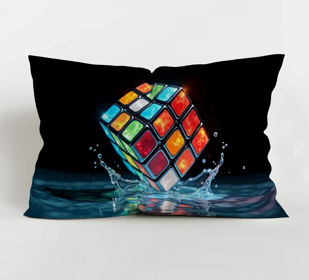 Cubo di Rubik colorato che schizza nell'acqua con riflessi vibranti cuscino da DesignDoodle