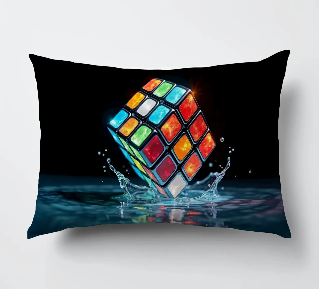 Cubo di Rubik colorato che schizza nell'acqua con riflessi vibranti cuscino da DesignDoodle