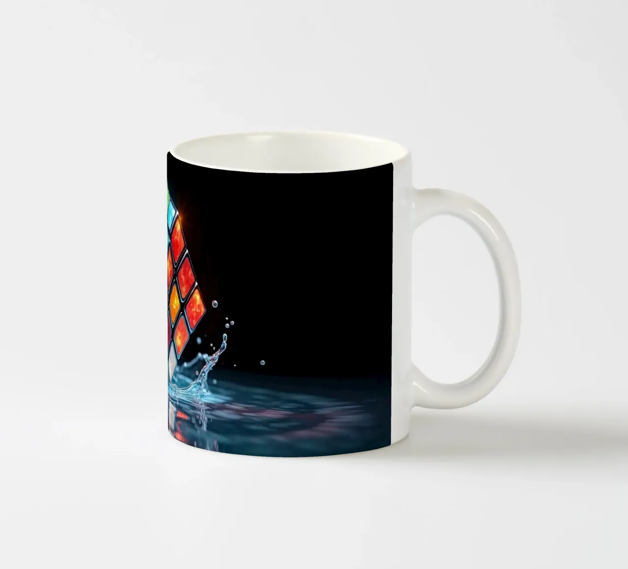 Cubo di Rubik colorato che schizza nell'acqua con riflessi vibranti tazza in ceramica da DesignDoodle