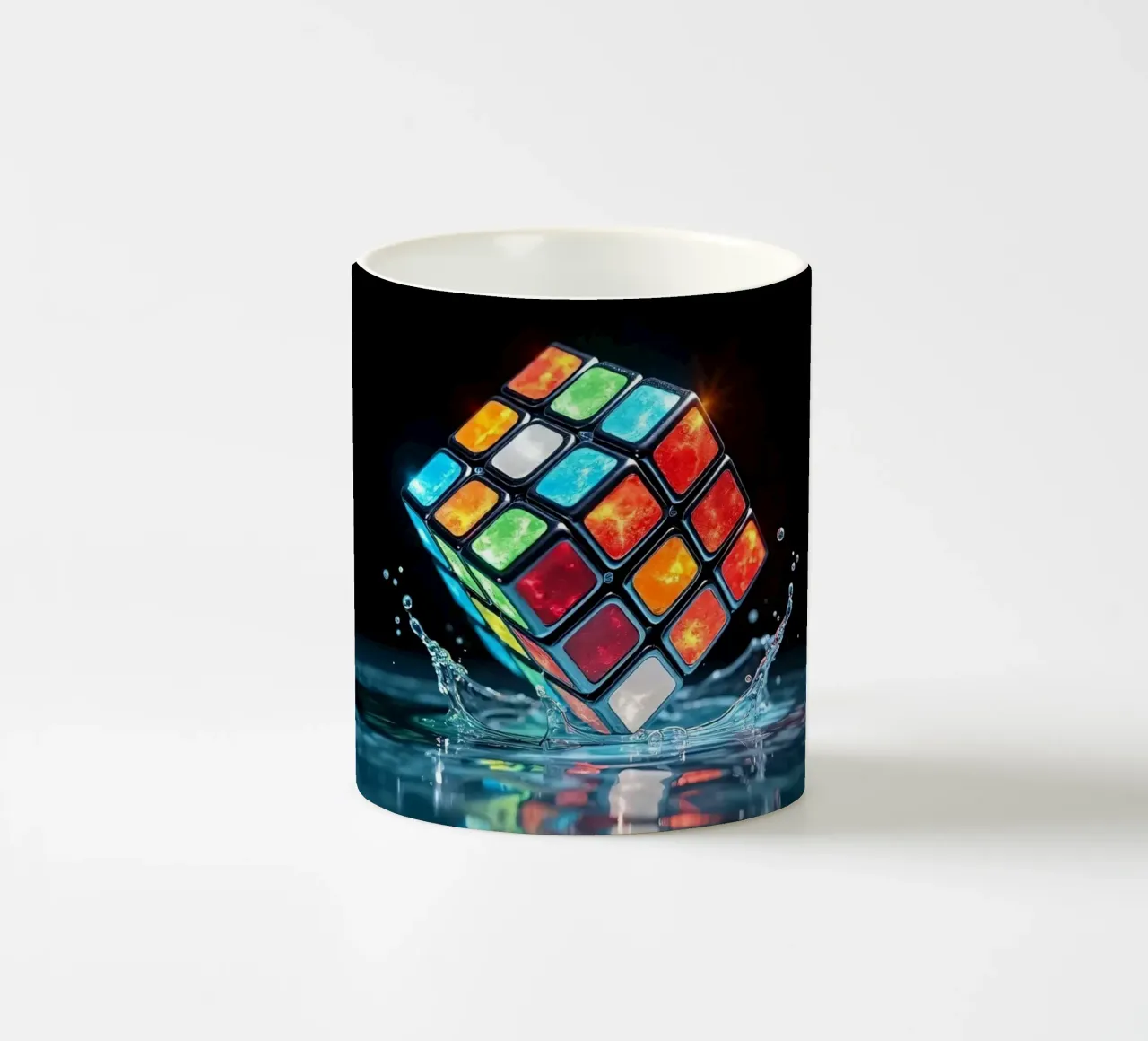 Cubo di Rubik colorato che schizza nell'acqua con riflessi vibranti tazza in ceramica da DesignDoodle