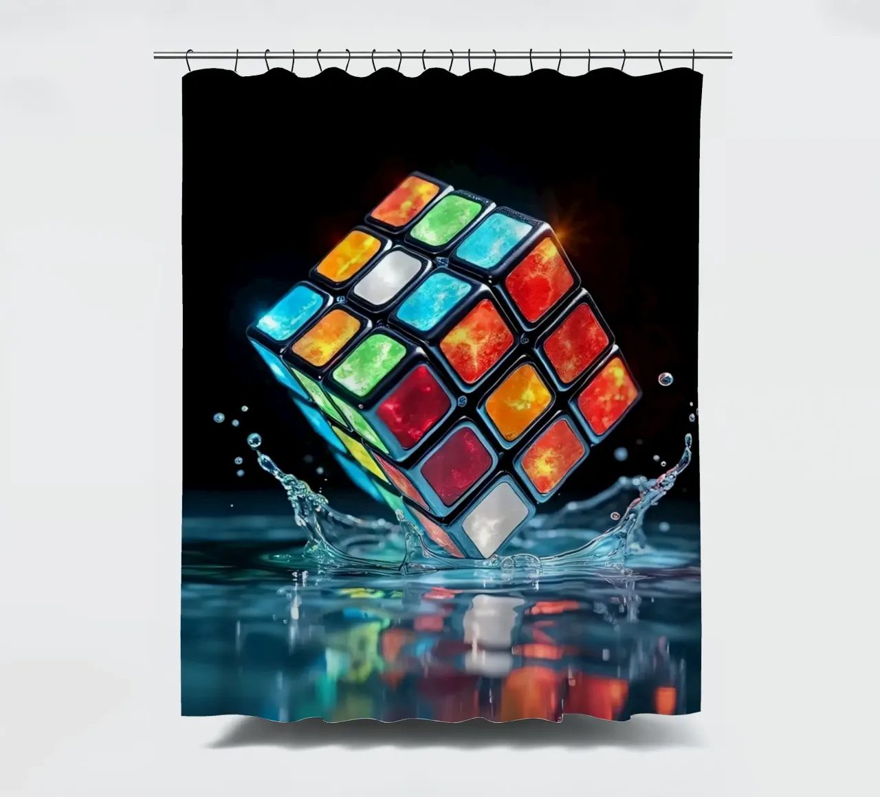 Colorful Rubik's cube splashes in water vibrant reflections shower curtain by DesignDoodle