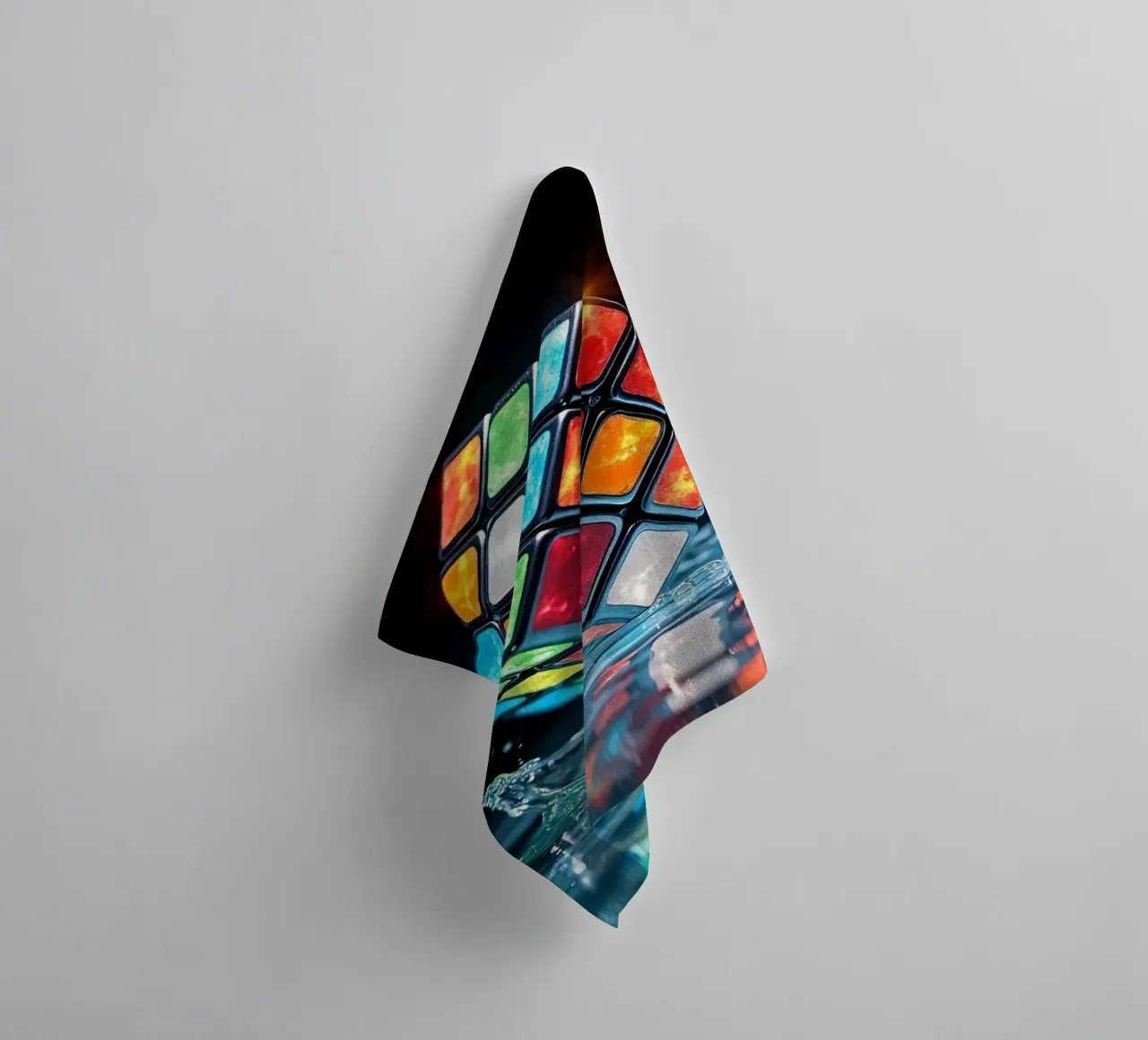Rubik's cube coloré éclaboussant l'eau de reflets vibrants serviette de bain de DesignDoodle