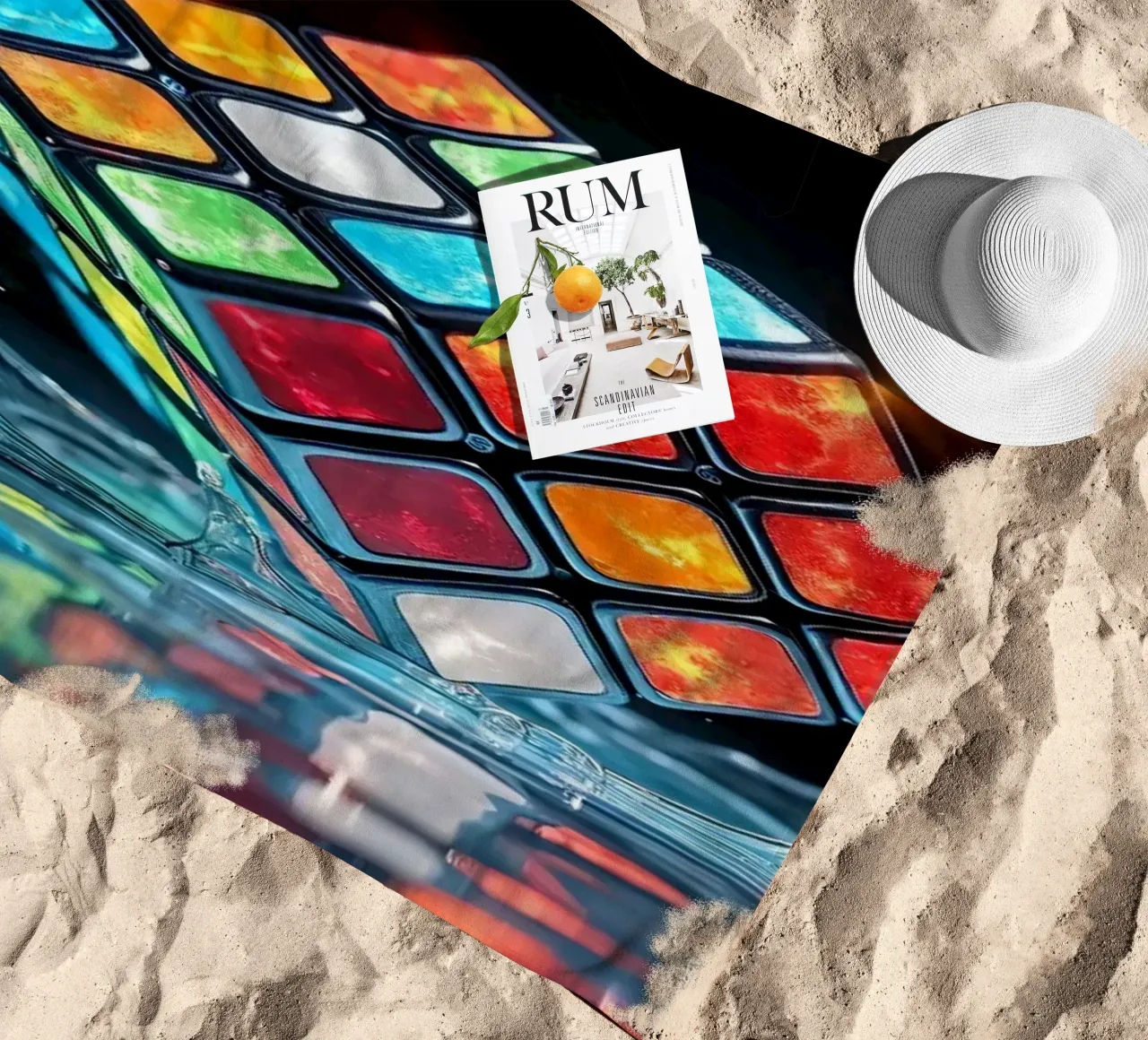 Cubo di Rubik colorato che schizza nell'acqua con riflessi vibranti telo mare da DesignDoodle