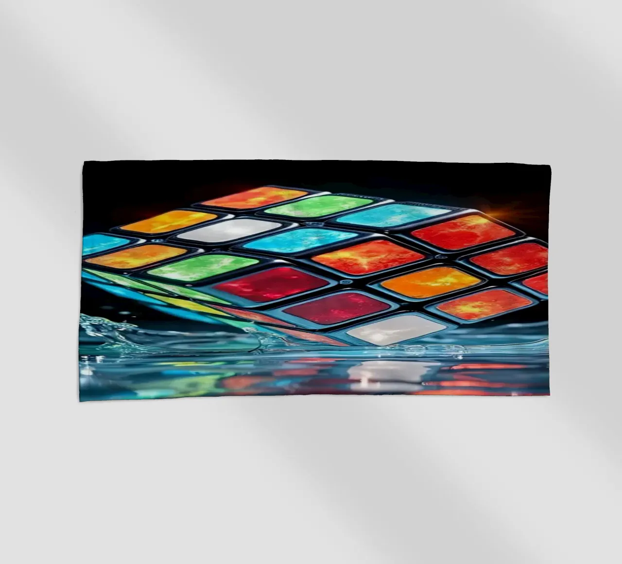 Cubo di Rubik colorato che schizza nell'acqua con riflessi vibranti telo mare da DesignDoodle