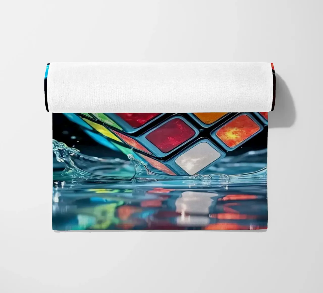 Cubo di Rubik colorato che schizza nell'acqua con riflessi vibranti telo mare da DesignDoodle
