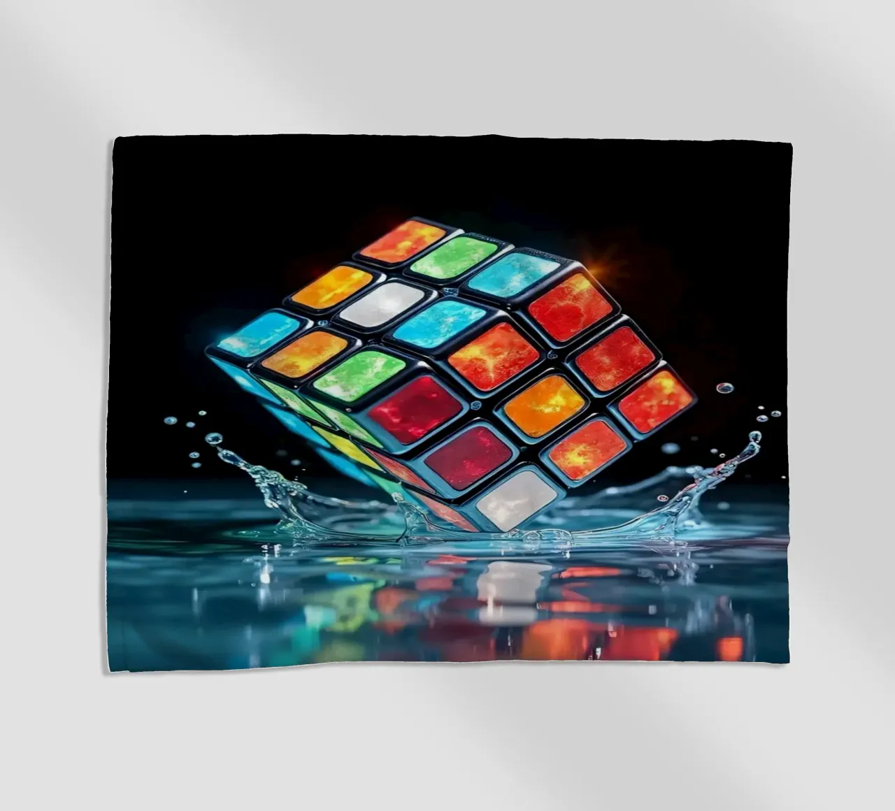 Cubo di Rubik colorato che schizza nell'acqua con riflessi vibranti telo mare da DesignDoodle