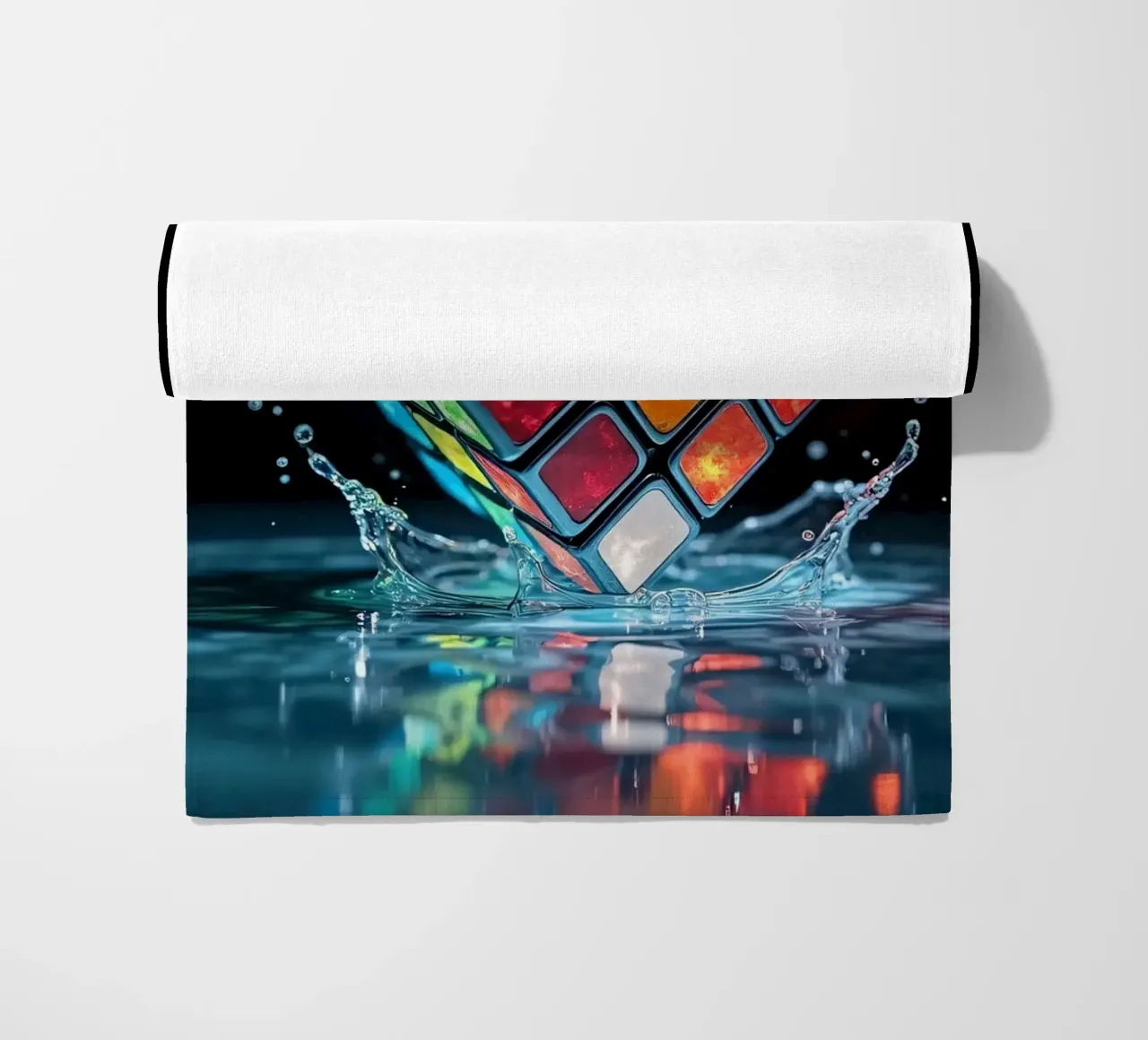 Cubo di Rubik colorato che schizza nell'acqua con riflessi vibranti telo mare da DesignDoodle