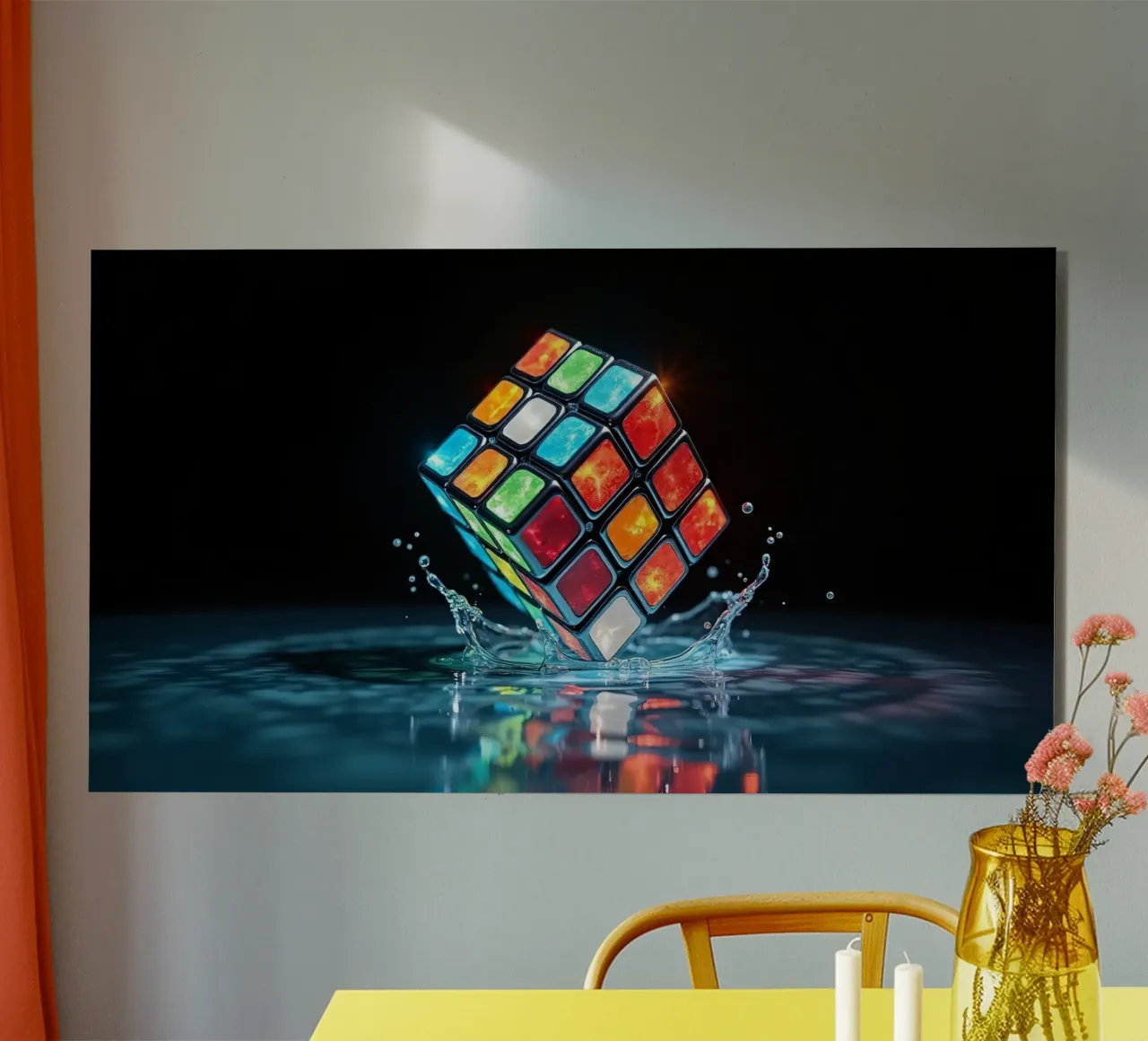 Colorful Rubik's cube splashes in water vibrant reflections alu-dibond by DesignDoodle