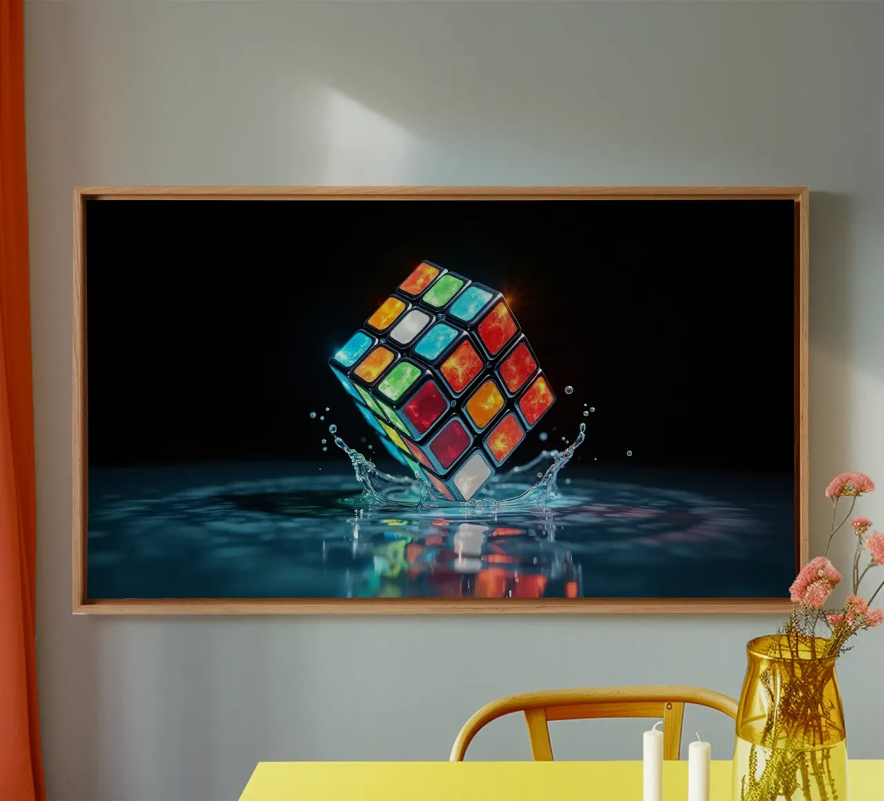 Colorful Rubik's cube splashes in water vibrant reflections canvas by DesignDoodle