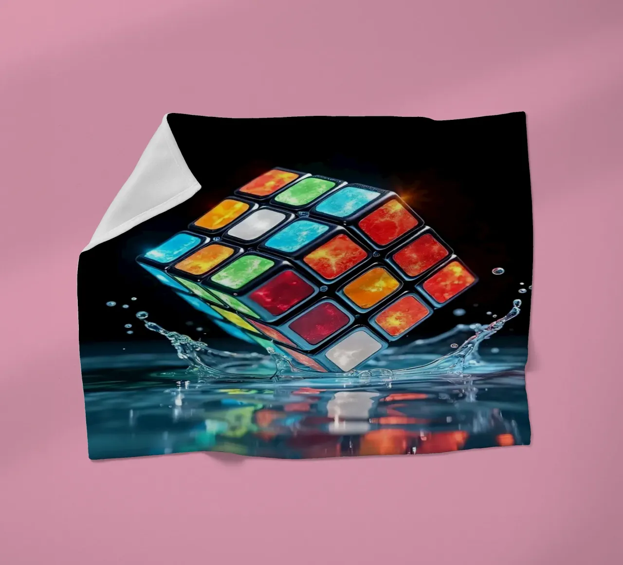 Cubo di Rubik colorato che schizza nell'acqua con riflessi vibranti coperta in pile da DesignDoodle