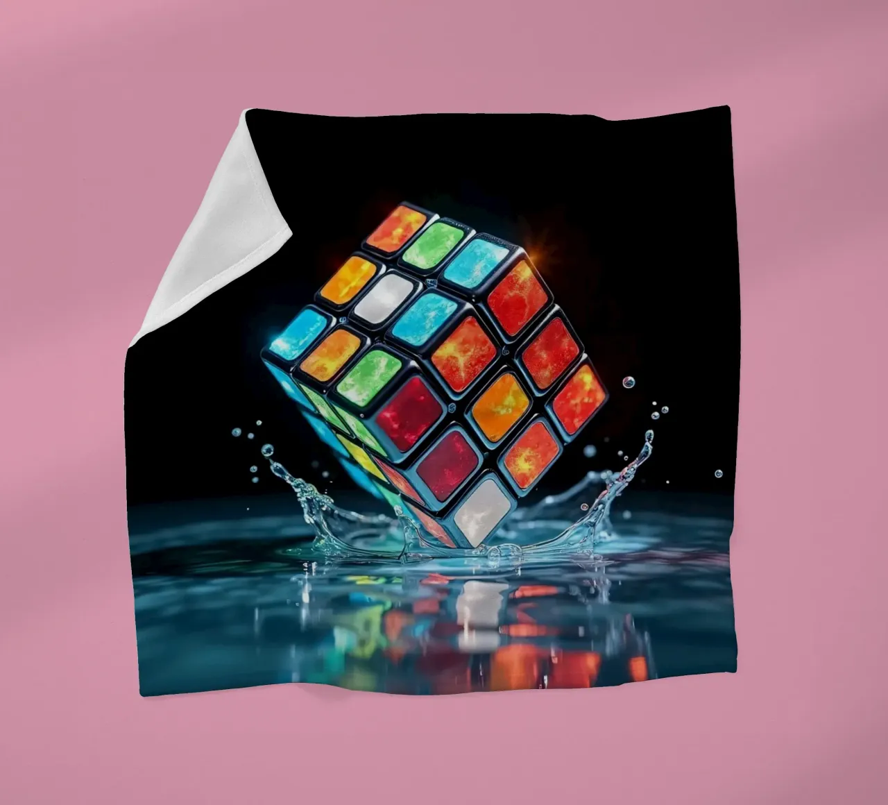 Cubo di Rubik colorato che schizza nell'acqua con riflessi vibranti coperta in pile da DesignDoodle
