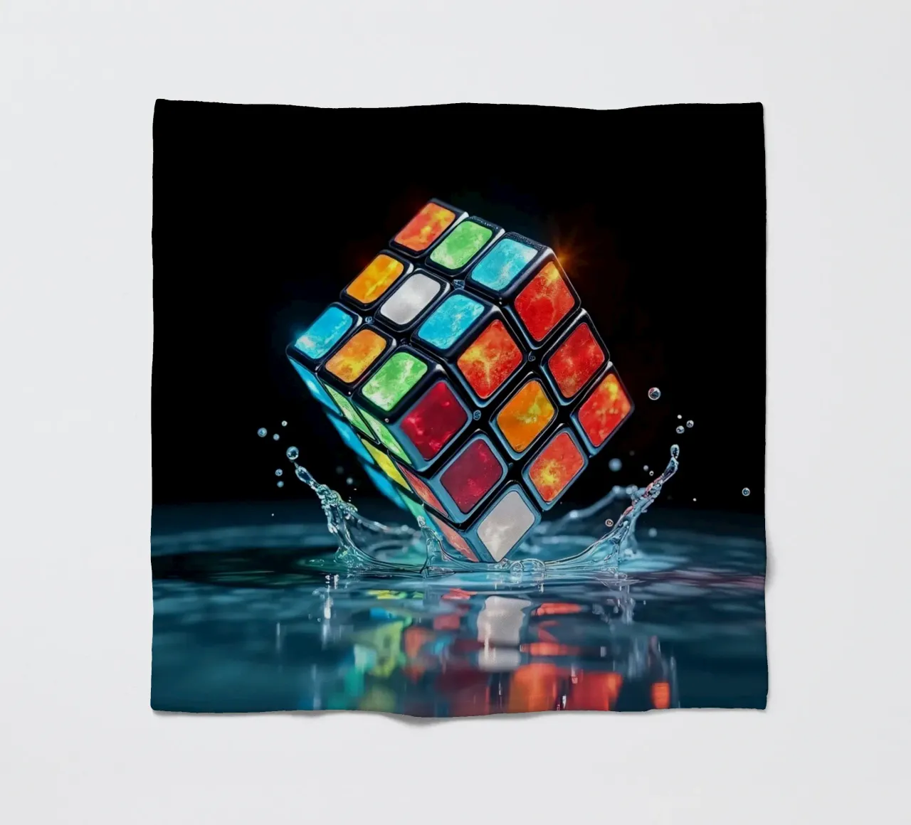 Cubo di Rubik colorato che schizza nell'acqua con riflessi vibranti coperta in pile da DesignDoodle