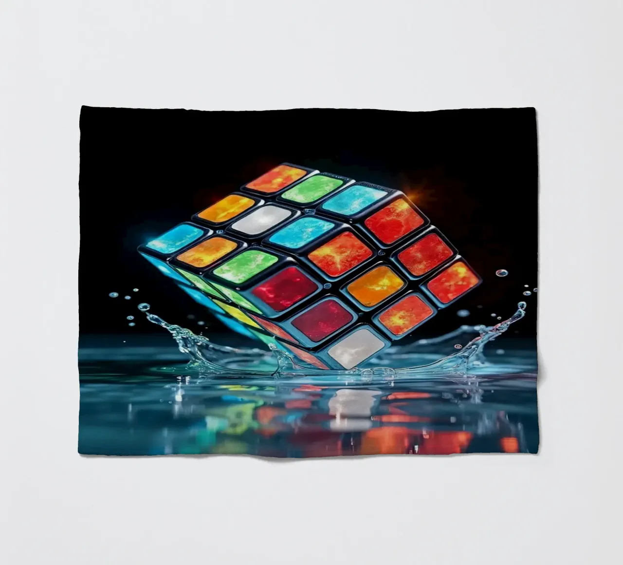 Cubo di Rubik colorato che schizza nell'acqua con riflessi vibranti coperta in pile da DesignDoodle