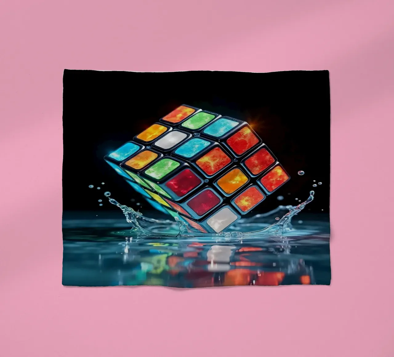 Cubo di Rubik colorato che schizza nell'acqua con riflessi vibranti coperta in pile da DesignDoodle