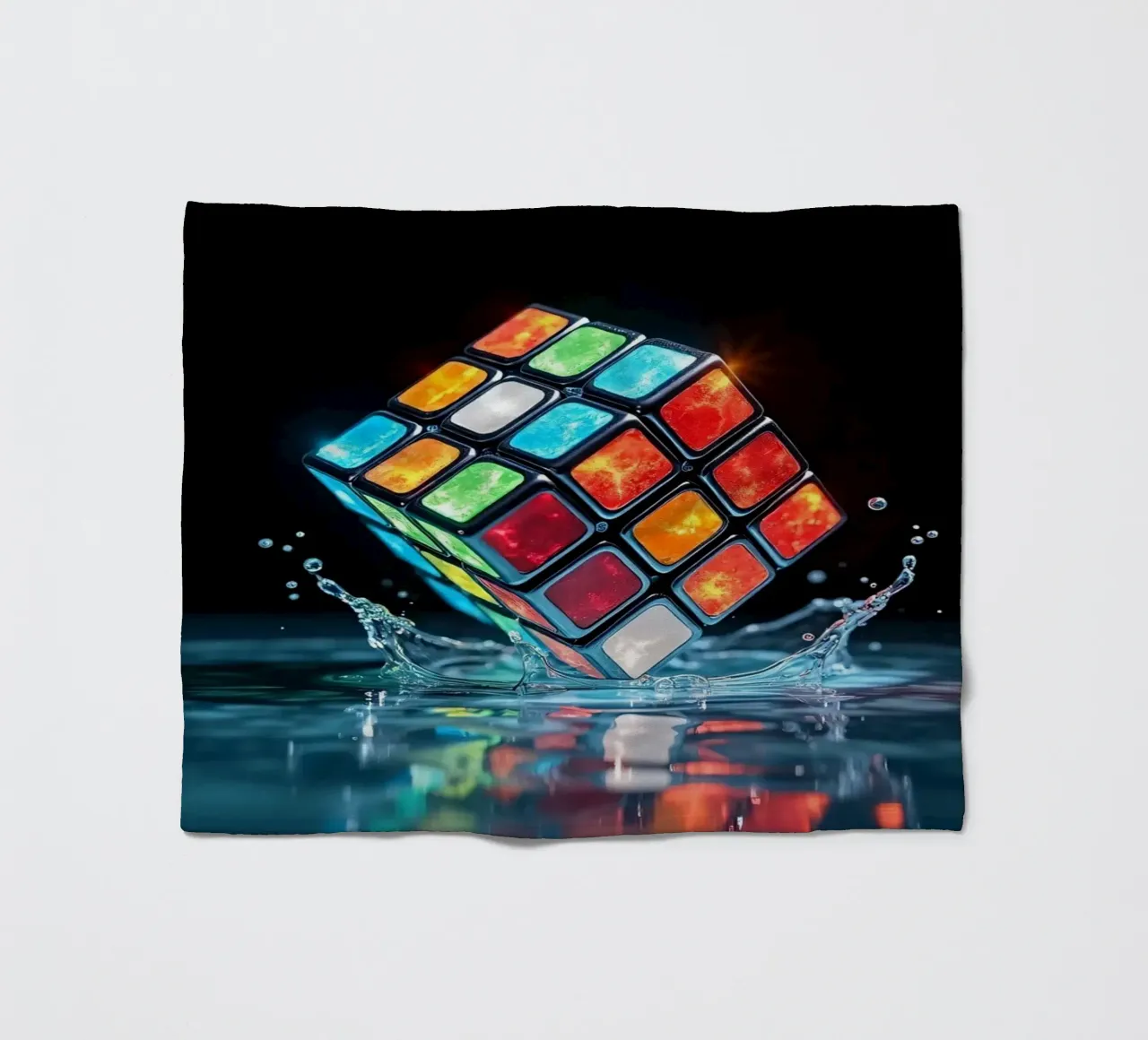 Cubo di Rubik colorato che schizza nell'acqua con riflessi vibranti coperta in pile da DesignDoodle