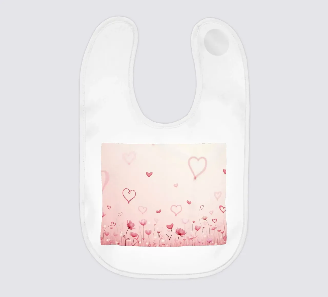 Campo di fiori colorati con forme di cuore che fluttuano sul retro bavaglino da DesignDoodle
