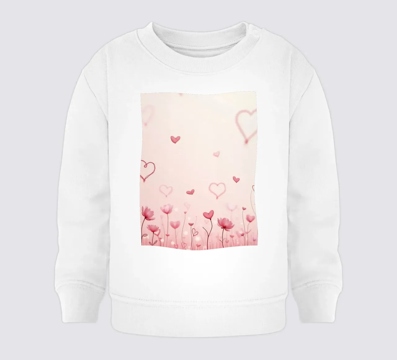 Campo di fiori colorati con forme di cuore che fluttuano sul retro felpa neonato da DesignDoodle