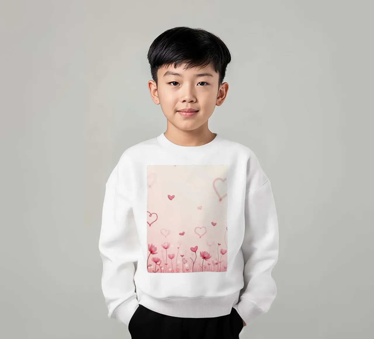 Campo di fiori colorati con forme di cuore che fluttuano sul retro felpa bambino da DesignDoodle