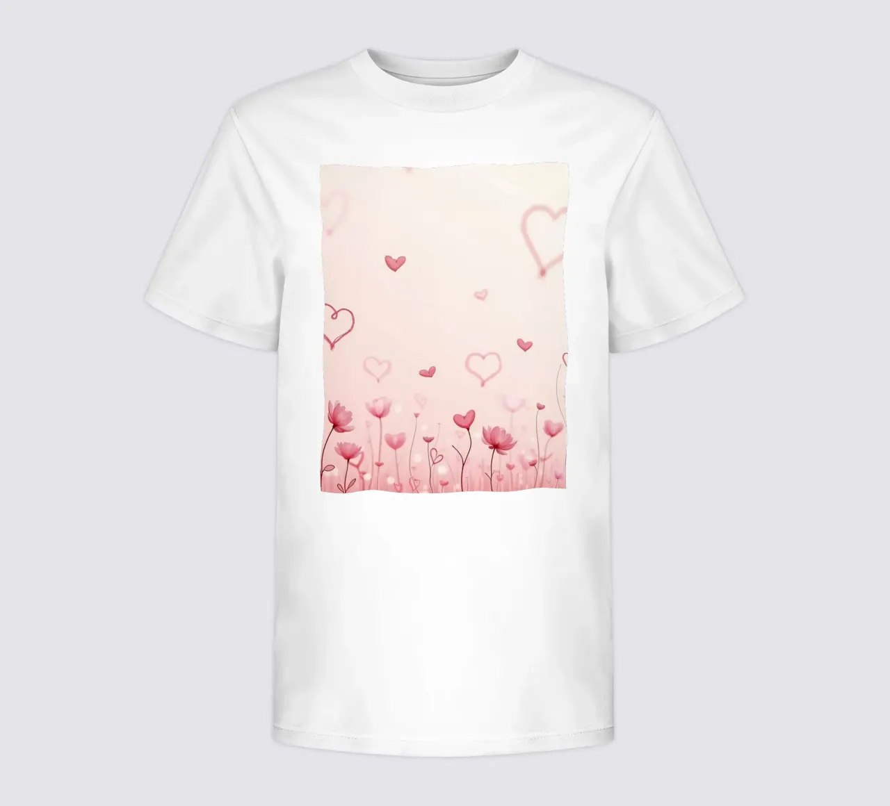 Campo di fiori colorati con forme di cuore che fluttuano sul retro t-shirt bambini da DesignDoodle