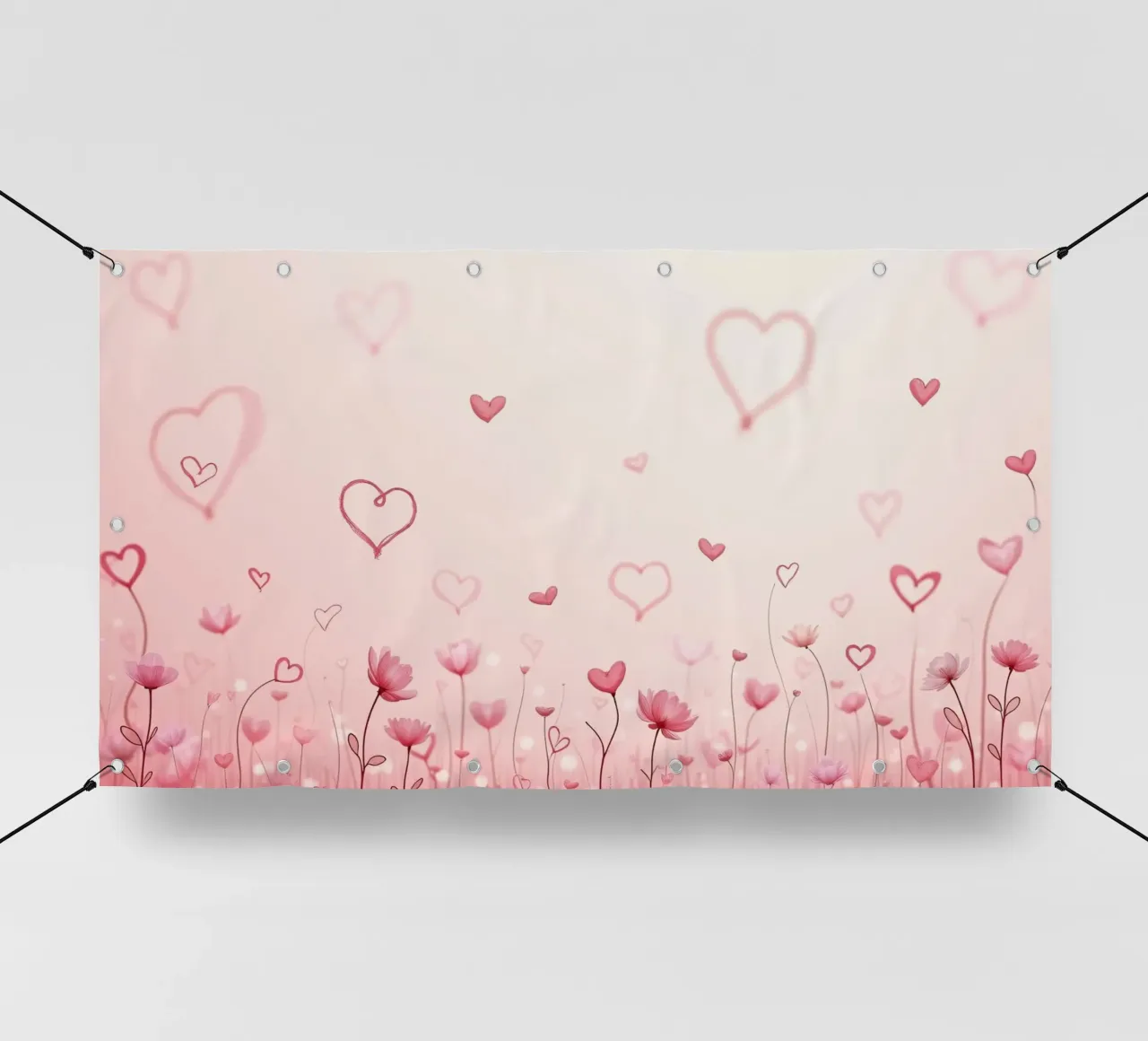 Campo di fiori colorati con forme di cuore che fluttuano sul retro telo in pvc da DesignDoodle