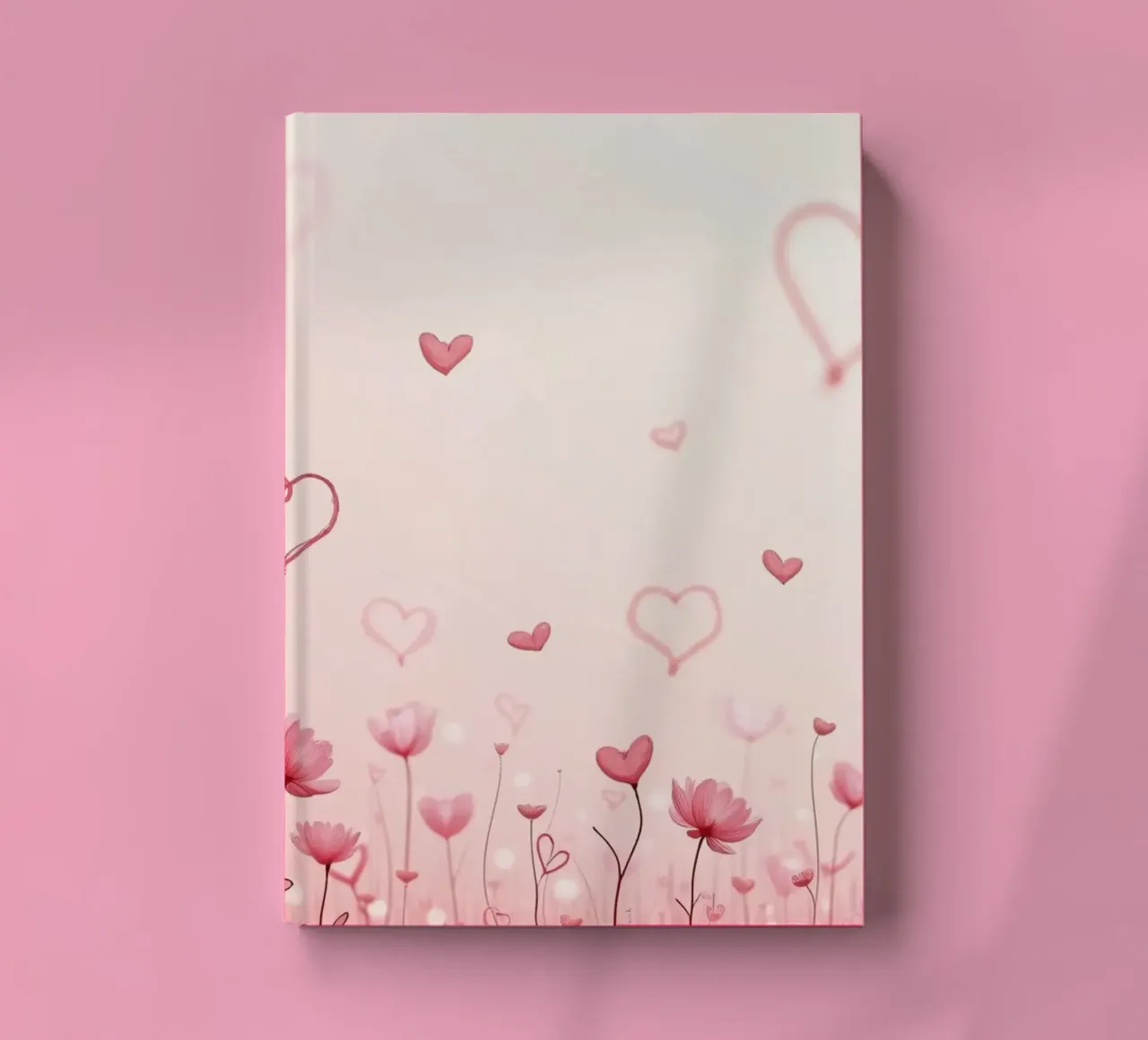 Colorful flower field with heart shapes floating in the back notebook by DesignDoodle