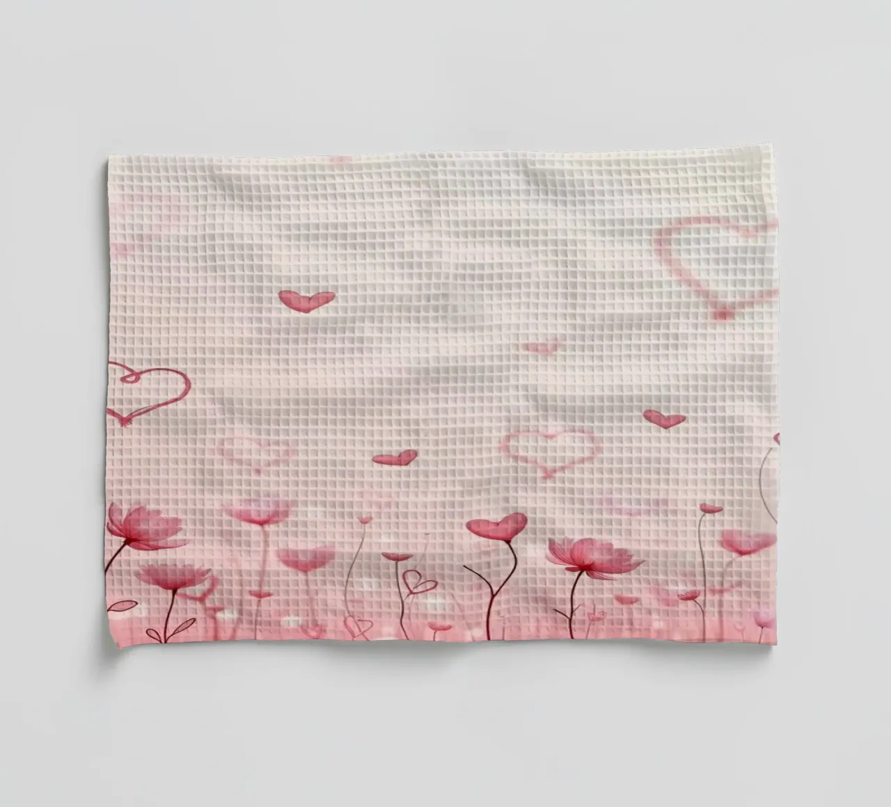 Campo di fiori colorati con forme di cuore che fluttuano sul retro canovaccio da cucina da DesignDoodle