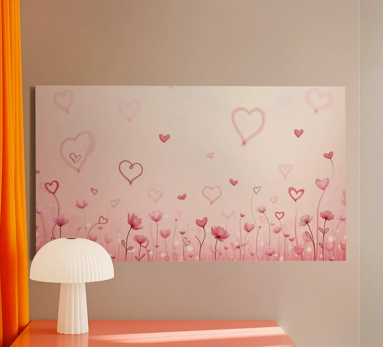 Colorful flower field with heart shapes floating in the back canvas by DesignDoodle