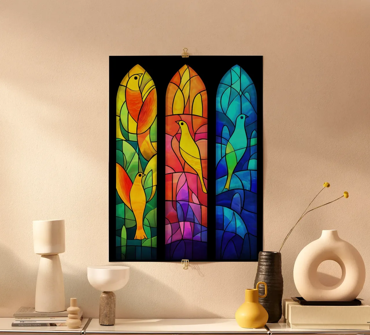 Vetrate colorate con motivi di uccelli poster con telaio in plastica da Autofocus