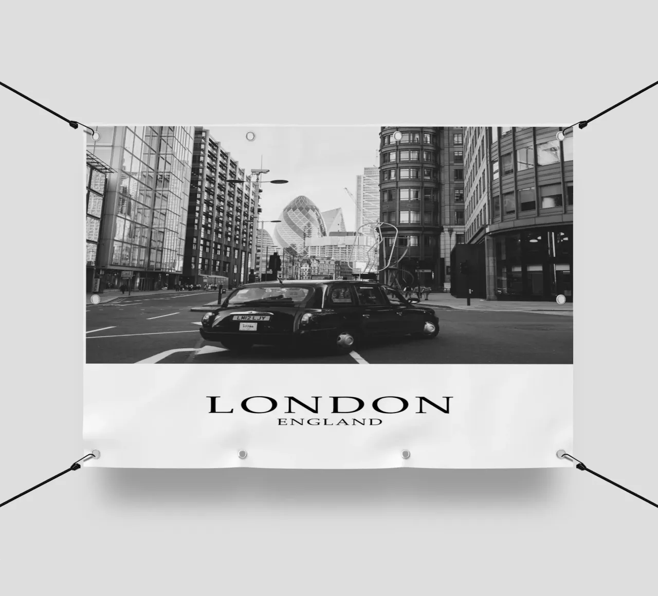 Città di Londra Inghilterra Black Cab Gherkin Cityscape Scala di grigi telo in pvc da Charnwood Prints